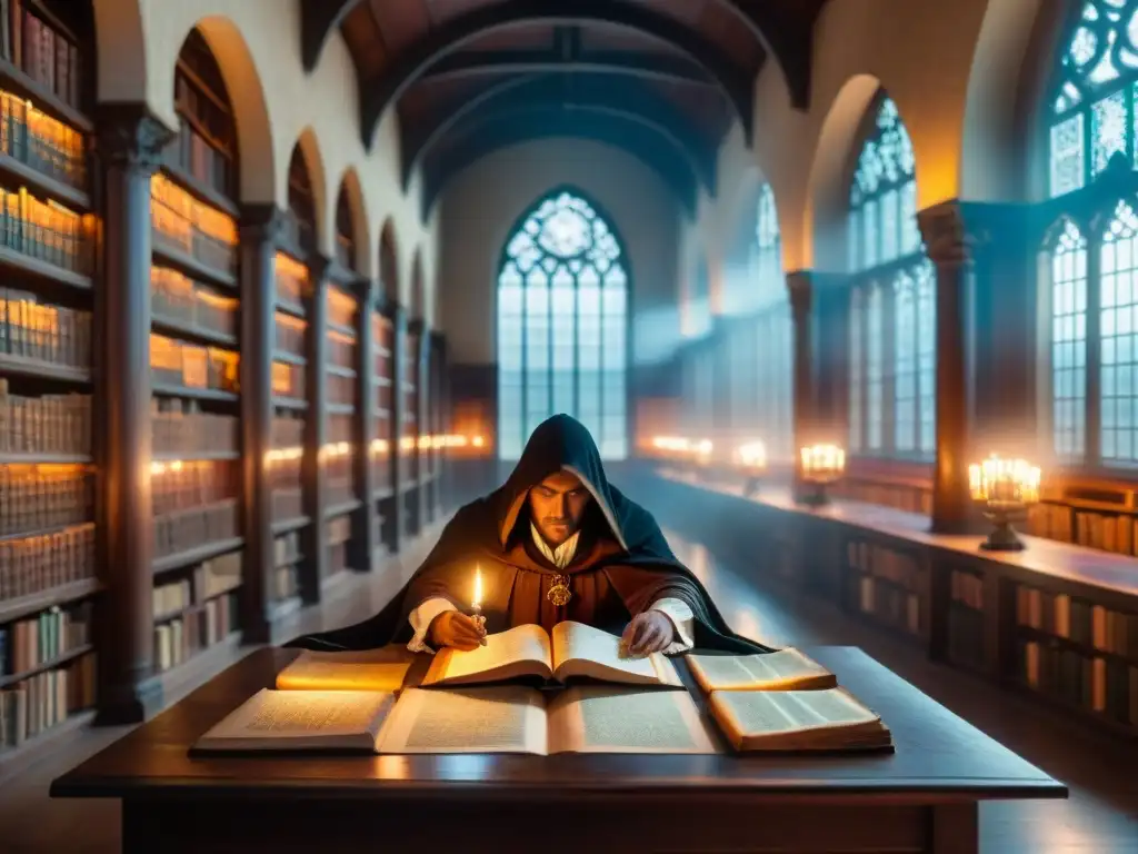 Una biblioteca majestuosa iluminada por velas, con libros antiguos y un mapa de fantasía, donde se analizan lenguas antiguas