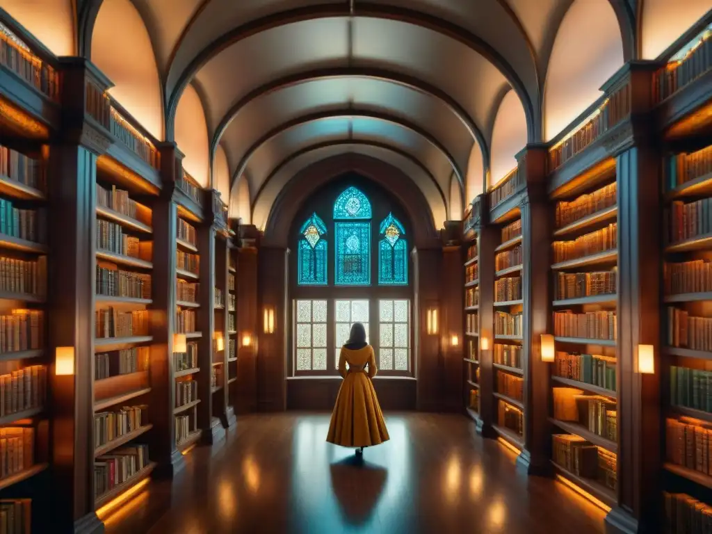 Una biblioteca majestuosa llena de ediciones limitadas libros fantásticos, bañada en luz dorada y misterio