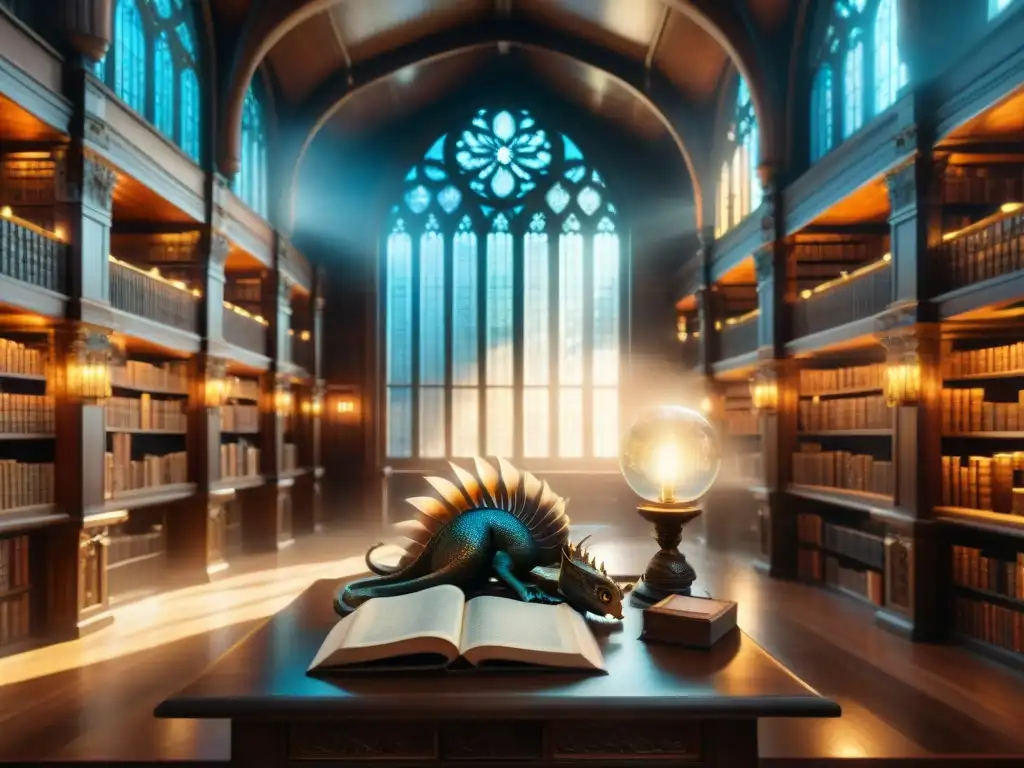 Una biblioteca majestuosa en un mundo fantástico, con tomos antiguos iluminados por luz celestial