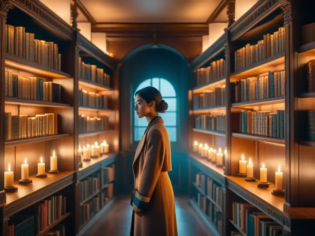 Una biblioteca misteriosa llena de libros antiguos y otros mundos, iluminada por velas