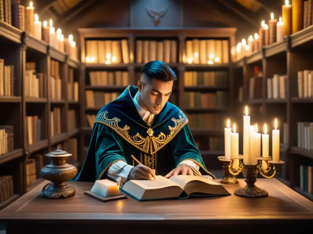 Una biblioteca mística y antigua iluminada por velas, con estanterías llenas de libros polvorientos sobre magia y alquimia