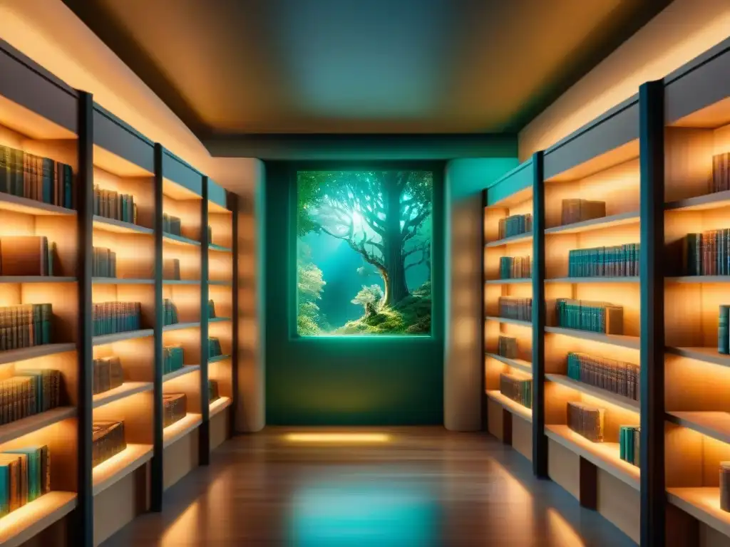 Una biblioteca mística en un bosque encantado, con tomos flotantes y criaturas fantásticas, iluminada por una luz cálida