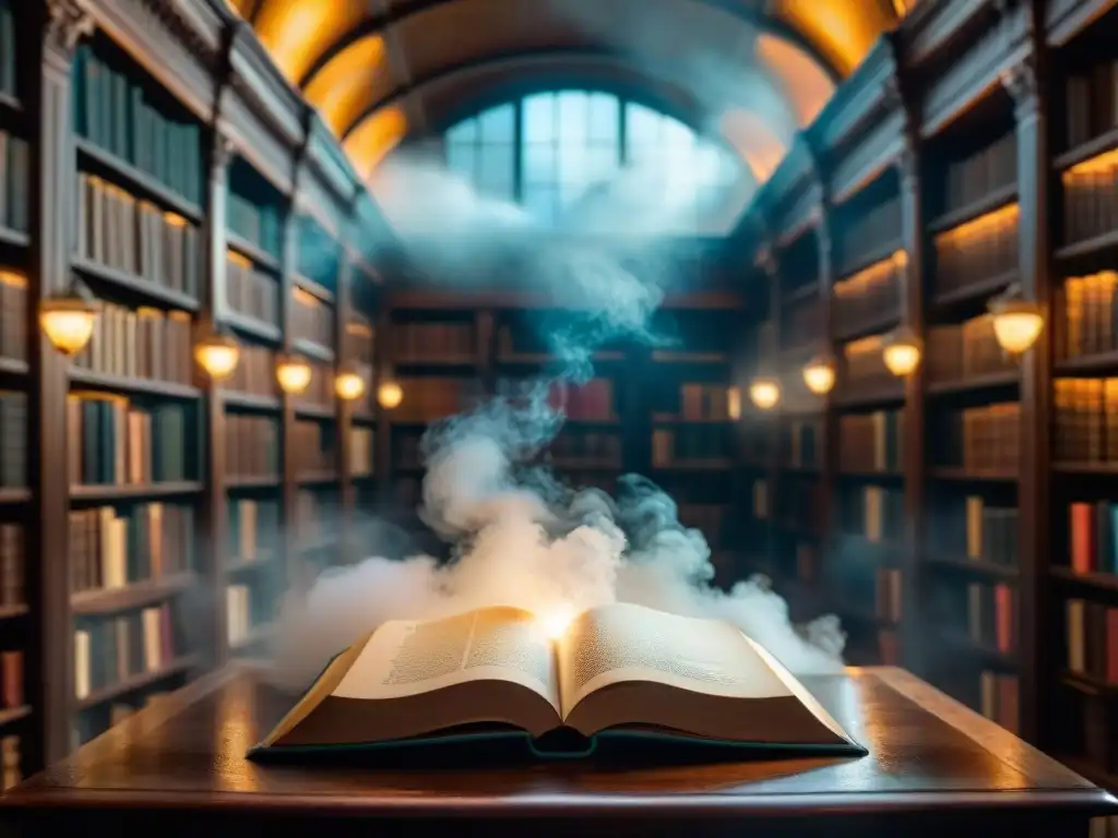 Libro antiguo en biblioteca mística: inspiración de La Historia Sin Fin Una biblioteca mística iluminada donde un antiguo libro flota, irradiando la influencia de La Historia Sin Fin en la fantasía moderna