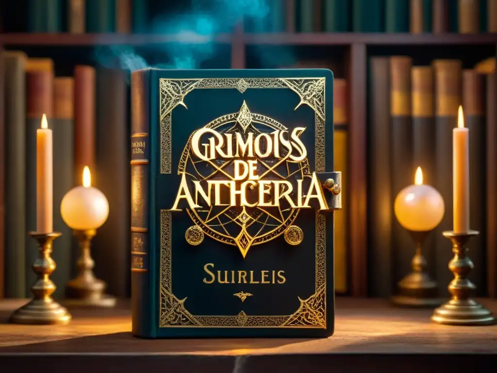 Una biblioteca mística iluminada por un candelabro, con libros sobre brujería y magia y una atmósfera encantadora