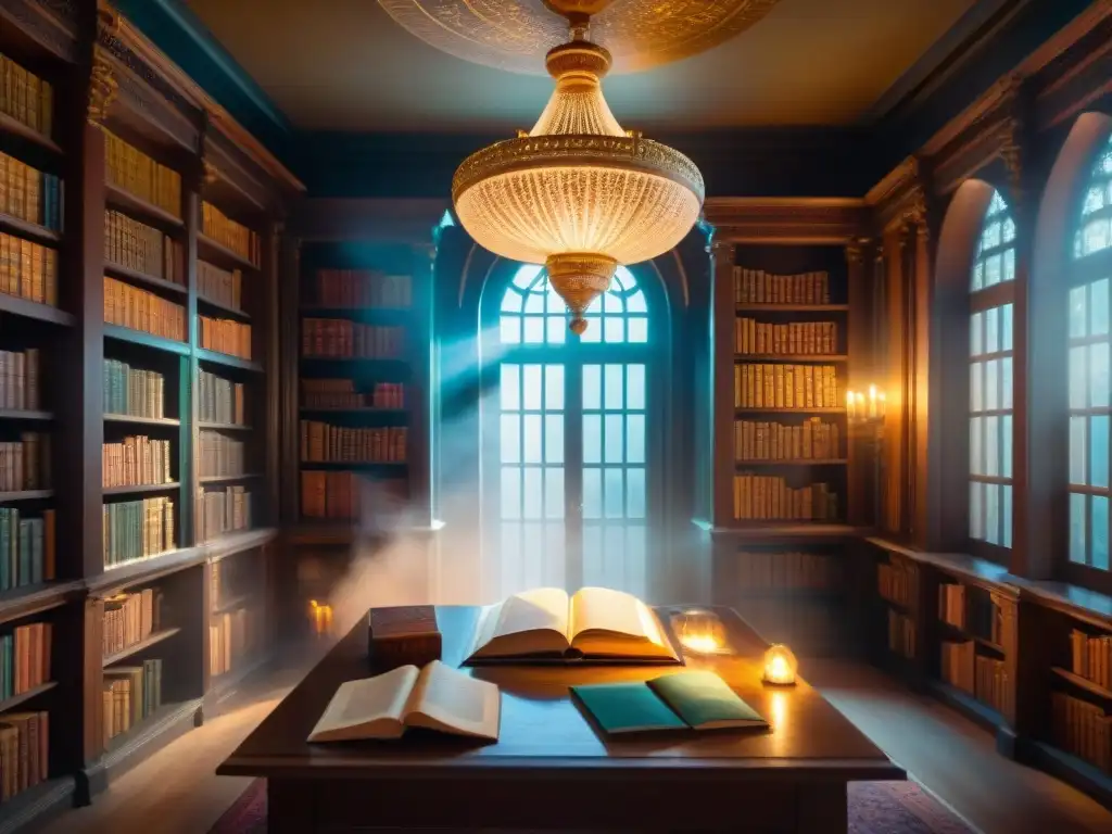 Mágica biblioteca llena de hechizos antiguos y sabiduría etérea Una biblioteca mística repleta de libros antiguos y pergaminos, iluminada por una luz etérea