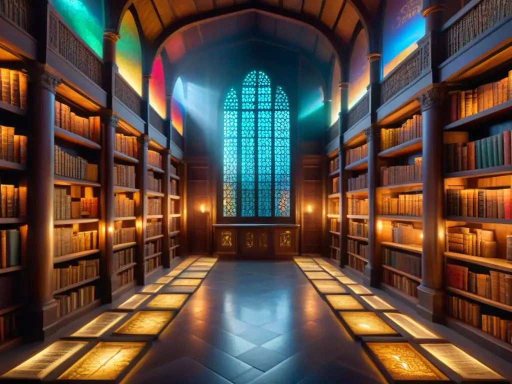 Una biblioteca mítica llena de libros antiguos, luces místicas y criaturas legendarias