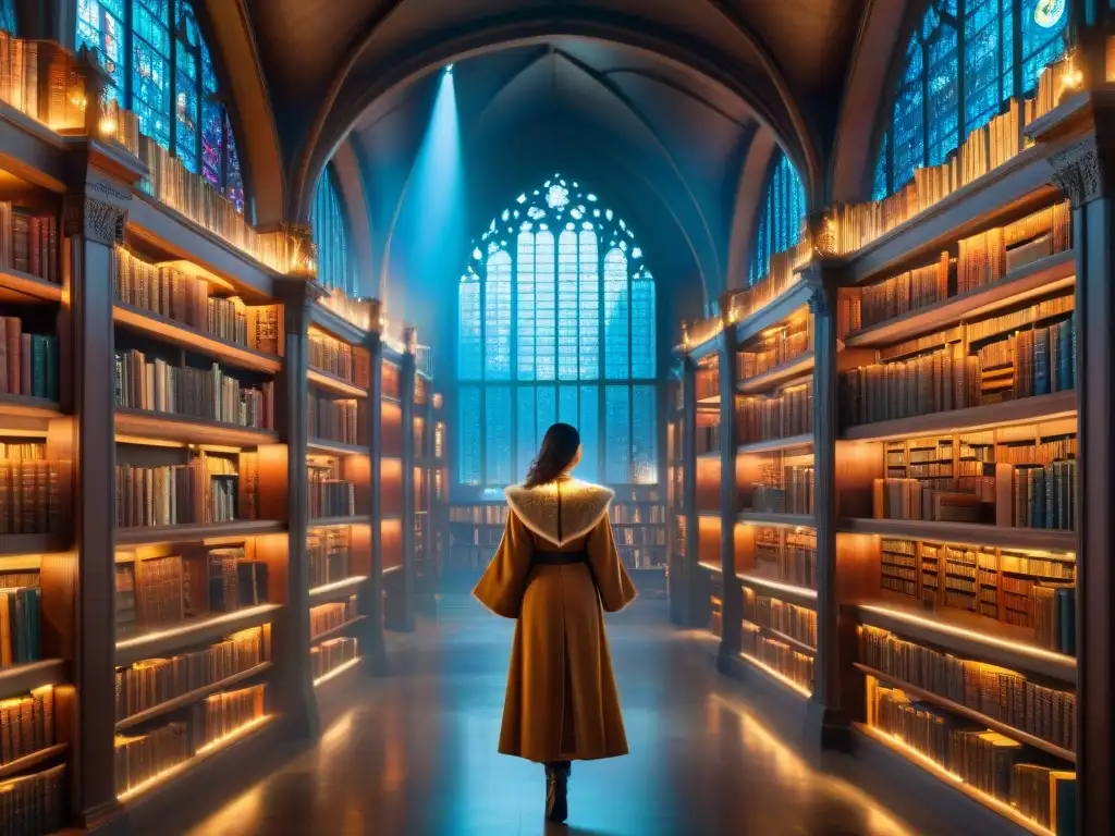 Una biblioteca en mundo ficticio con estanterías infinitas, criaturas mágicas y luces brillantes