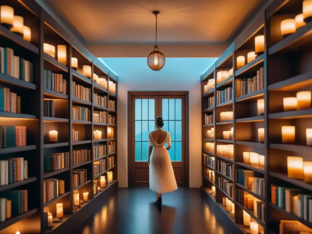 Una biblioteca en mundo ficticio con estantes altos llenos de libros antiguos y brillantes, iluminada por velas flotantes etéreas