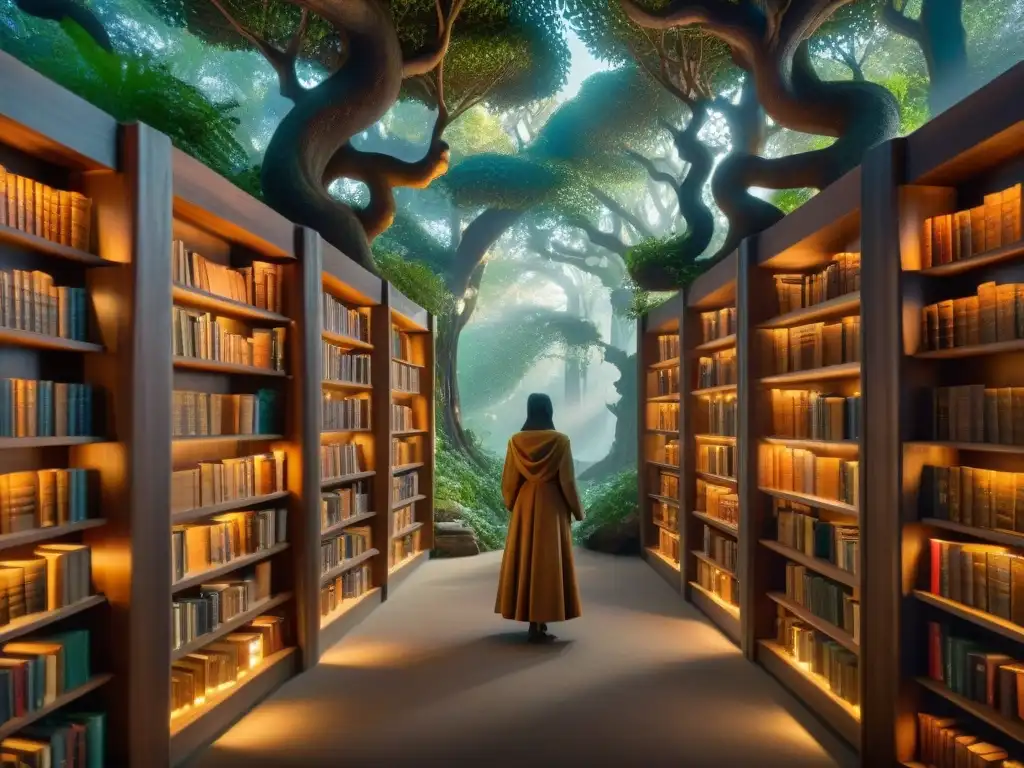 Una biblioteca en mundo ficticio: un lugar mágico en un bosque encantado, con libros brillantes entre árboles antiguos y luces etéreas