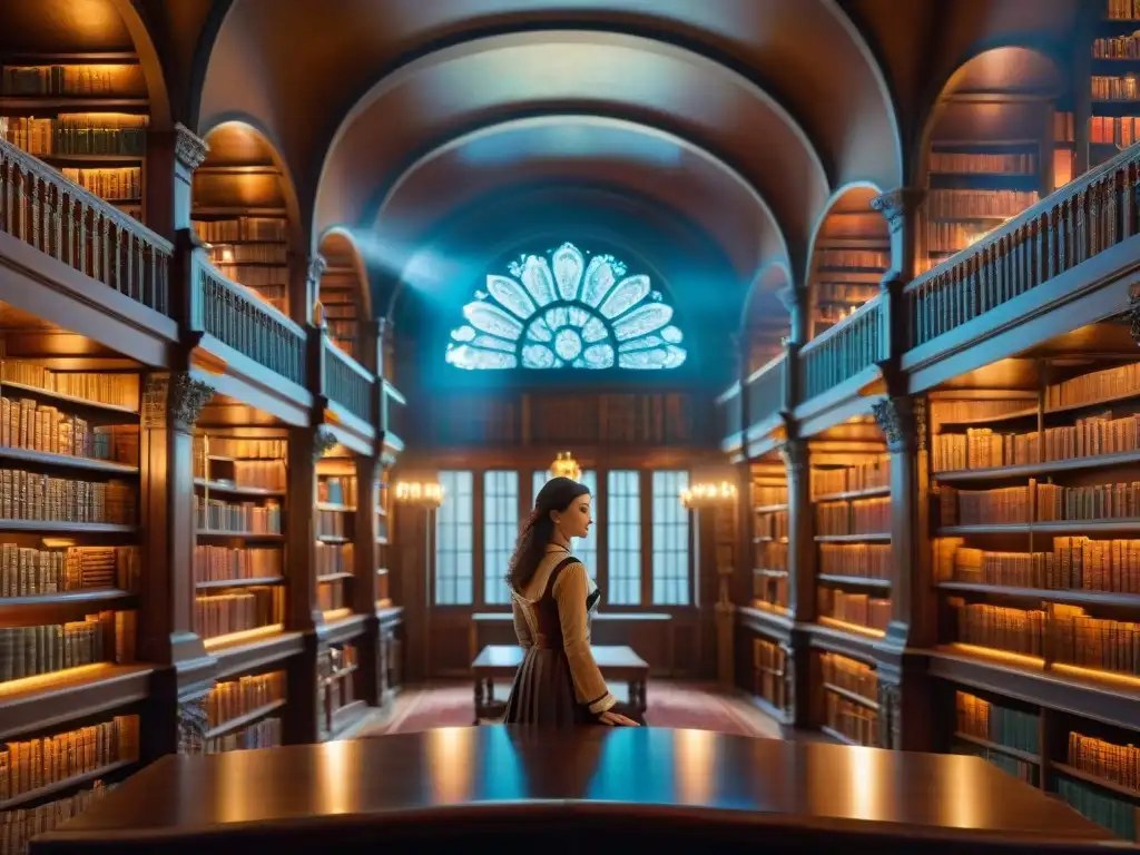 Una biblioteca en mundo ficticio: majestuosa, con estanterías altas, frescos y luz mágica