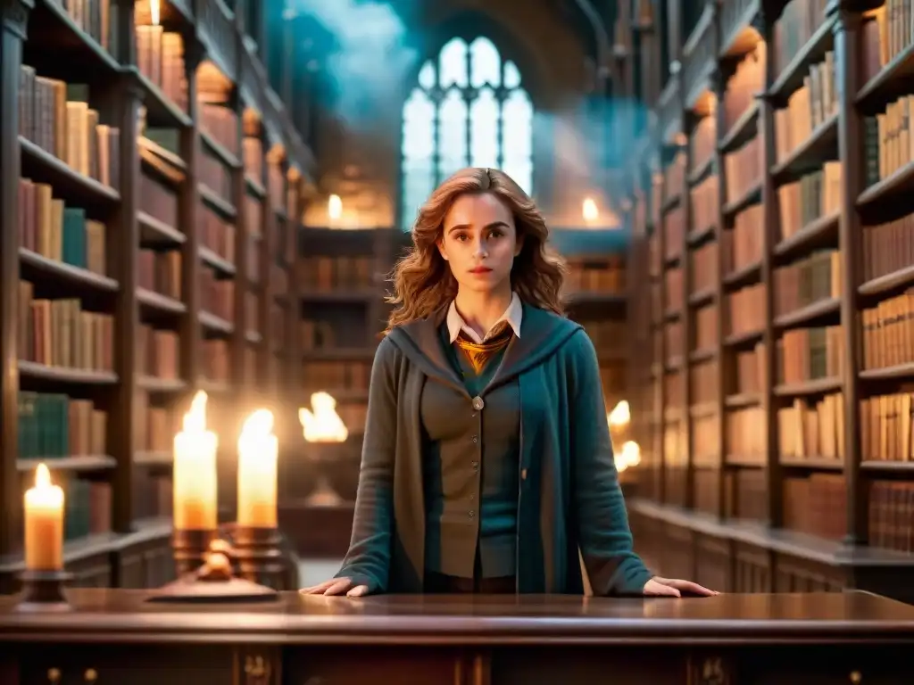 Hermione Granger en la biblioteca de Hogwarts, rodeada de libros antiguos