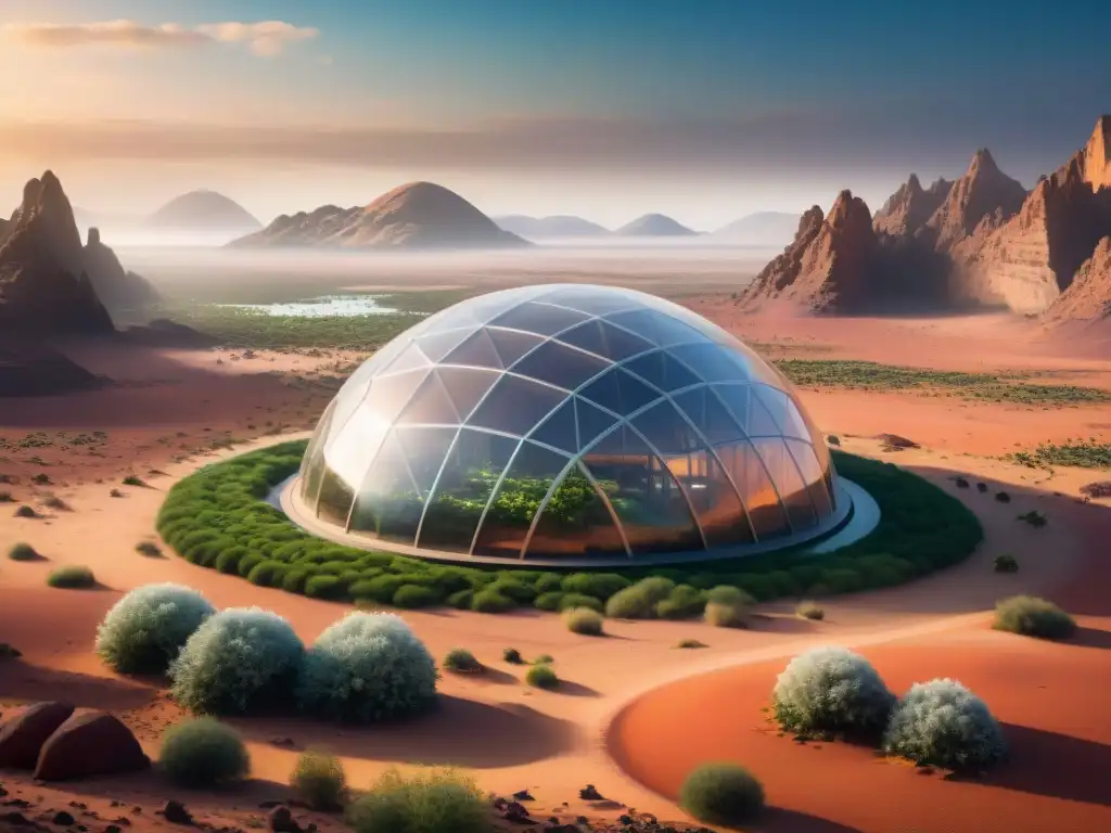 Un biodomo futurista en Marte, muestra un paisaje exuberante dentro de una cúpula transparente