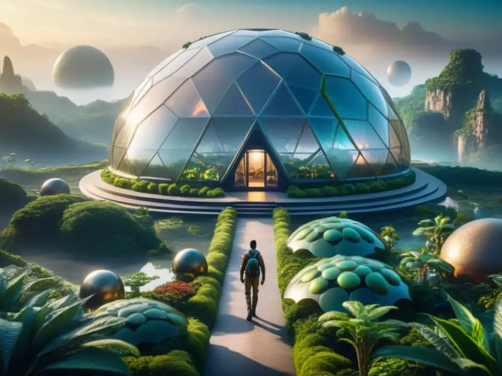 Un biodomo futurista en un planeta distante, con exuberante vegetación alienígena y domos transparentes bajo un cielo lleno de lunas y un sol radiante