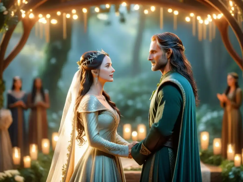 Una boda mágica en el bosque élfico de El Señor de los Anillos con Arwen y Aragorn intercambiando votos