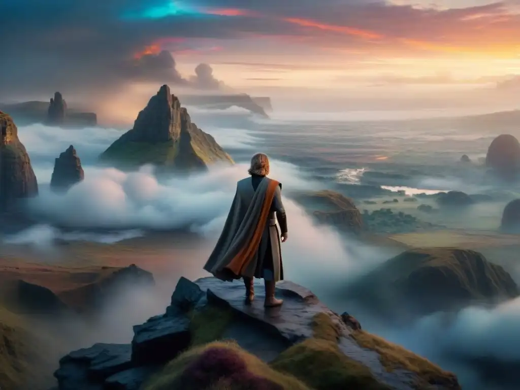 Luke Skywalker en el borde de un acantilado, contemplando un paisaje misterioso