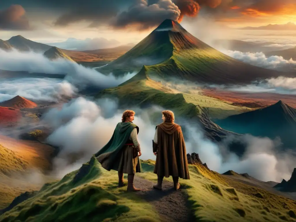 En el borde de Mount Doom, Frodo y Samwise muestran amistad y valor en esta ilustración épica del Señor de los Anillos