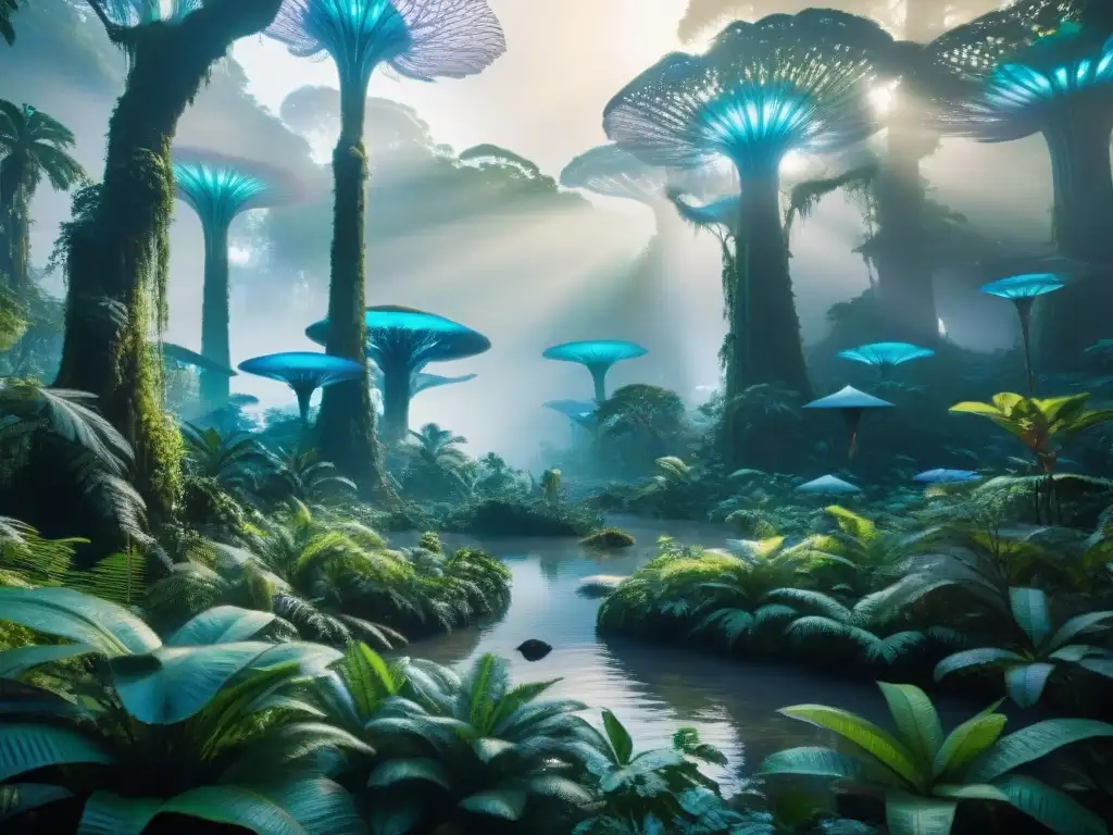 Un bosque alienígena vibrante y exuberante con árboles bioluminiscentes, flora iridiscente y criaturas exóticas en la densa maleza al anochecer