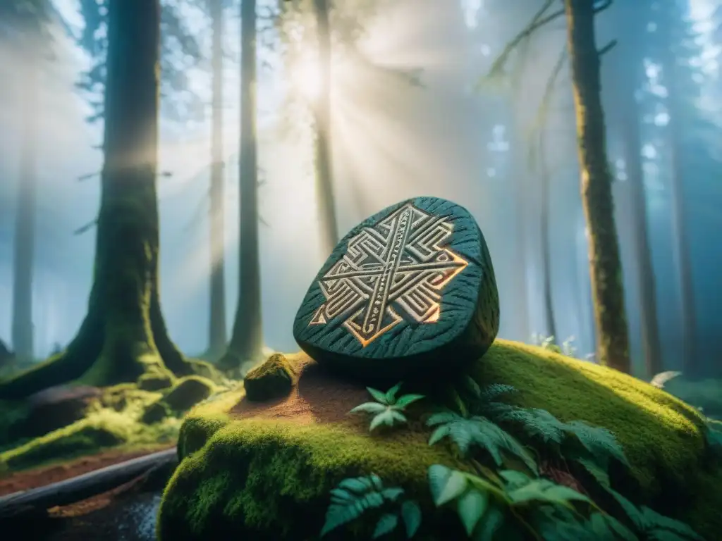 Rúnico bosque ancestral: misterio y magia nórdica Un bosque antiguo envuelto en niebla y luz solar, con una piedra rúnica tallada y brillante