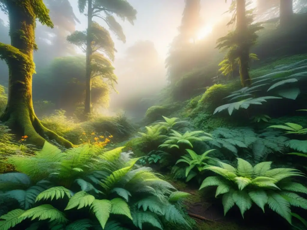 Un bosque antiguo y exuberante al amanecer, bañado por la luz dorada del sol