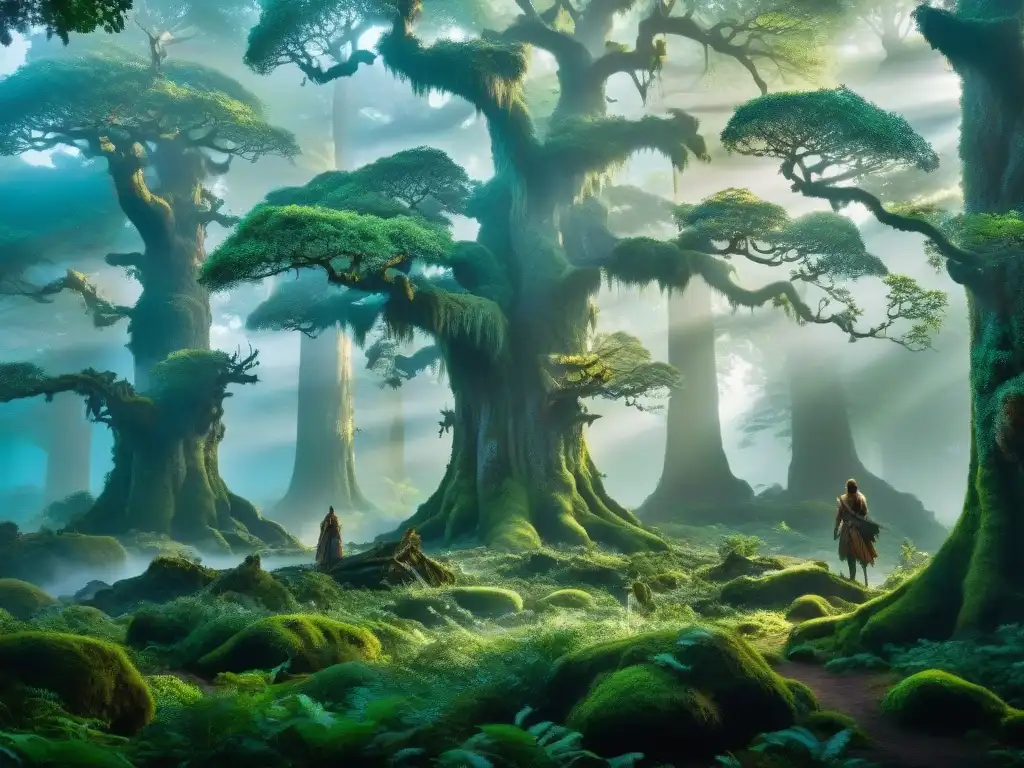 Guardianes ancestrales: bosque místico bajo la luz de la luna Un bosque antiguo iluminado por la luz lunar, con Ents y criaturas míticas como unicornios y hadas