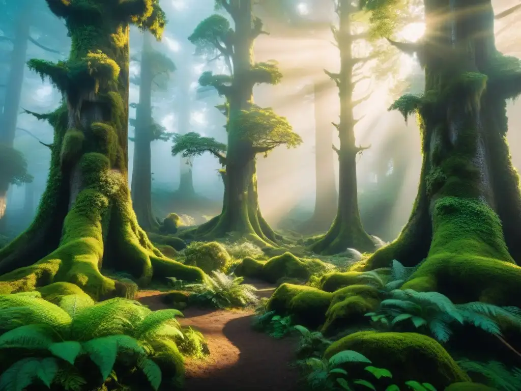 Bosque ancestral: magia y misterio entre árboles centenarios Un bosque antiguo y mágico, hogar de criaturas míticas, con una atmósfera de origen mitico criaturas bosque universo