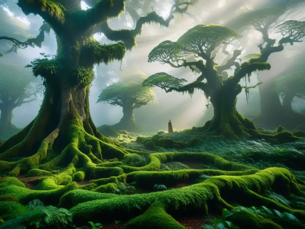 Bosque místico: secretos ancestrales en la niebla Un bosque antiguo misterioso envuelto en niebla y vida, donde se crean dialectos leyendas antiguas