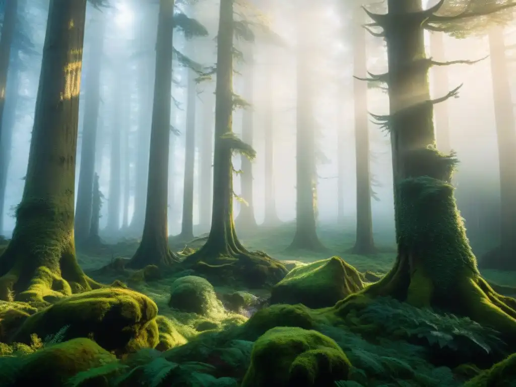 Un bosque antiguo y místico bañado en luz etérea