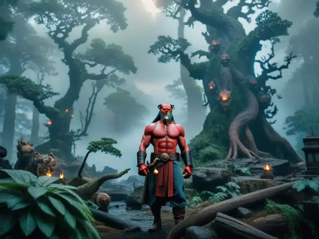 Hellboy en un bosque antiguo rodeado de criaturas míticas de diferentes culturas en escena paranormal