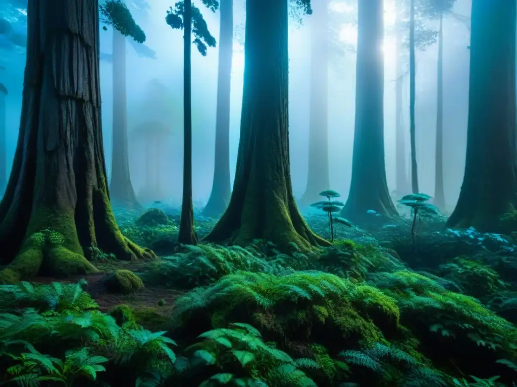 Un bosque bioluminiscente exuberante y misterioso, inspirado en Avatar