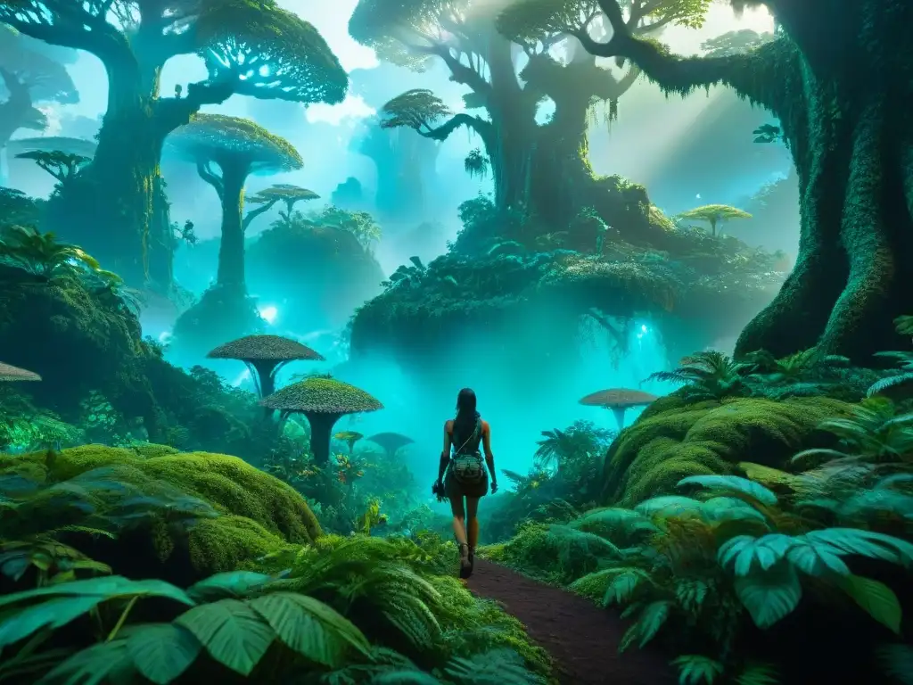 Selva bioluminiscente en Pandora: bosque exuberante y místico Un bosque bioluminiscente exuberante en Pandora, con árboles gigantes, flora y fauna exótica, y un Na'vi integrado en el entorno