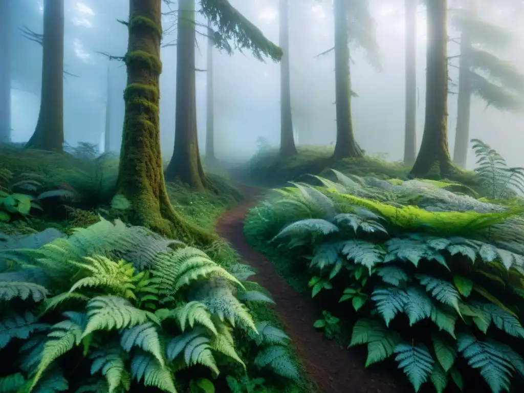 Un bosque denso y místico al anochecer, con árboles antiguos y luz etérea