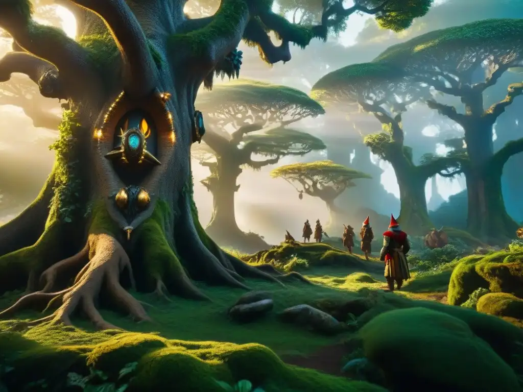 En el bosque encantado al atardecer, duendes y gnomos se reúnen alrededor de un árbol ancestral