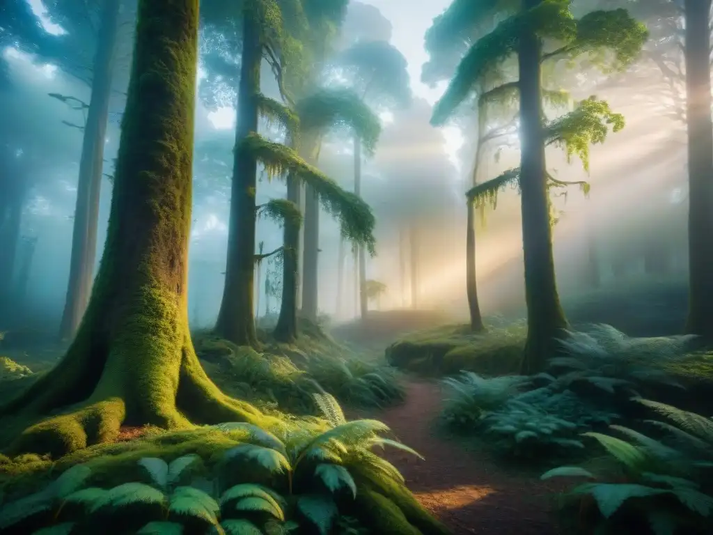 Un bosque encantado al anochecer, iluminado por luces místicas, revela ruinas antiguas entre la vegetación