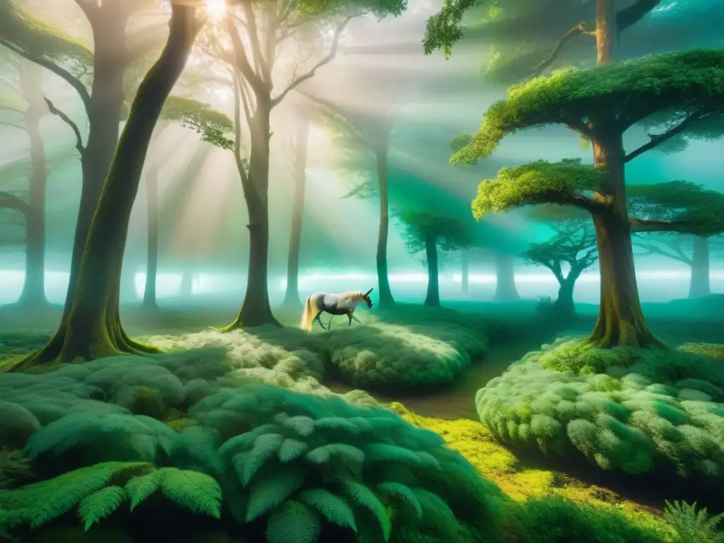 Un bosque encantado en realidad aumentada, donde unicornios majestuosos deambulan entre árboles antiguos