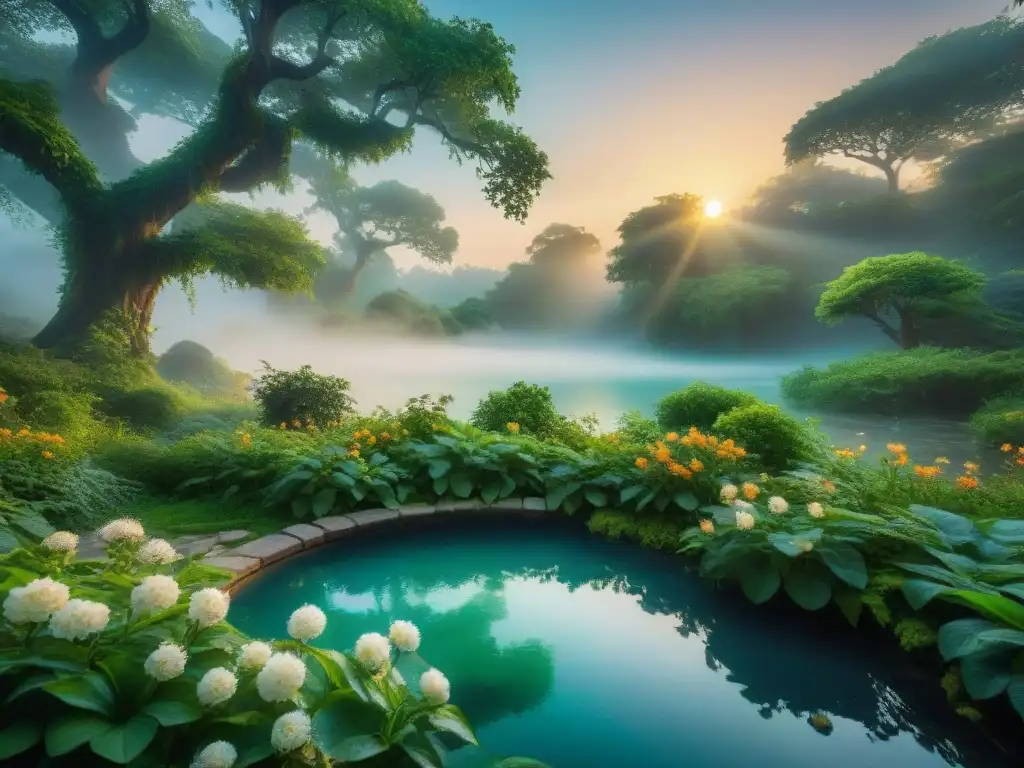 Un bosque encantado al anochecer con unicornios bebiendo en una fuente, reflejando amor en reinos mágicos