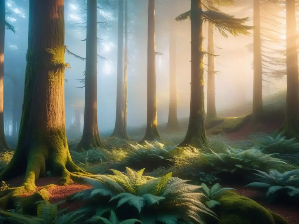 Un bosque etéreo al anochecer donde criaturas fantásticas imaginativas deambulan entre árboles antiguos, bañadas por la luz dorada del sol poniente