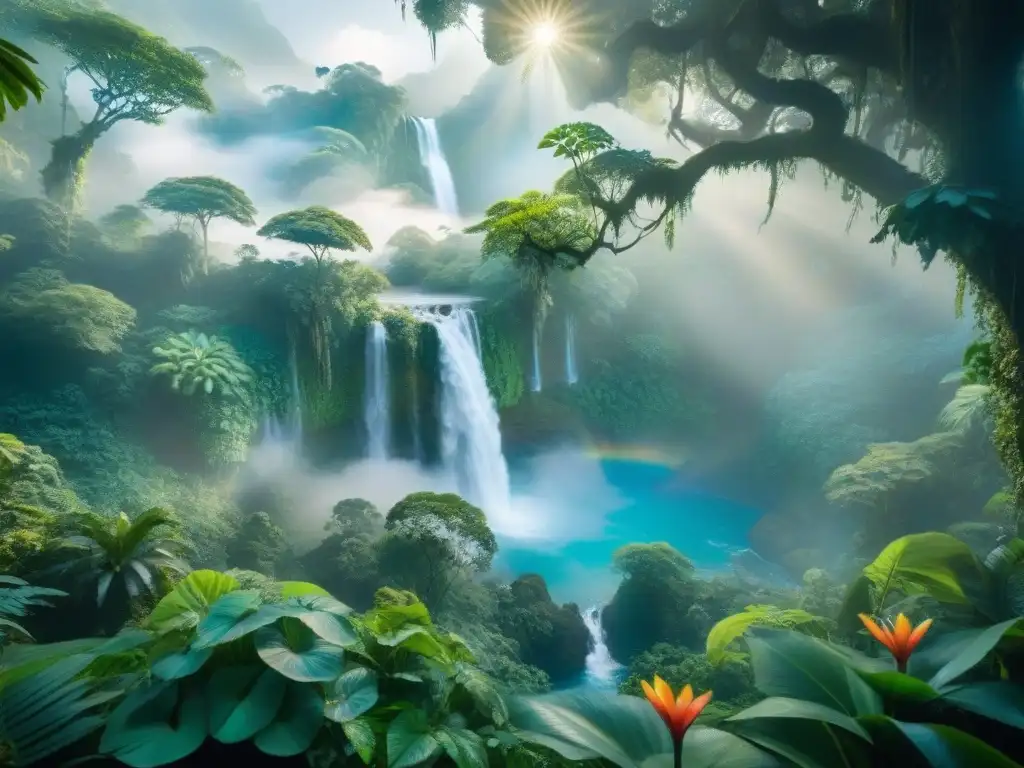 Un bosque exuberante y vibrante con árboles gigantes entrelazados con lianas bioluminiscentes, flores exóticas y cascadas