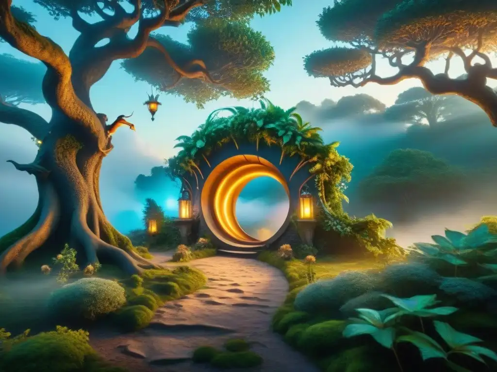 Un bosque mágico al atardecer con criaturas fantásticas en un mundo imaginario