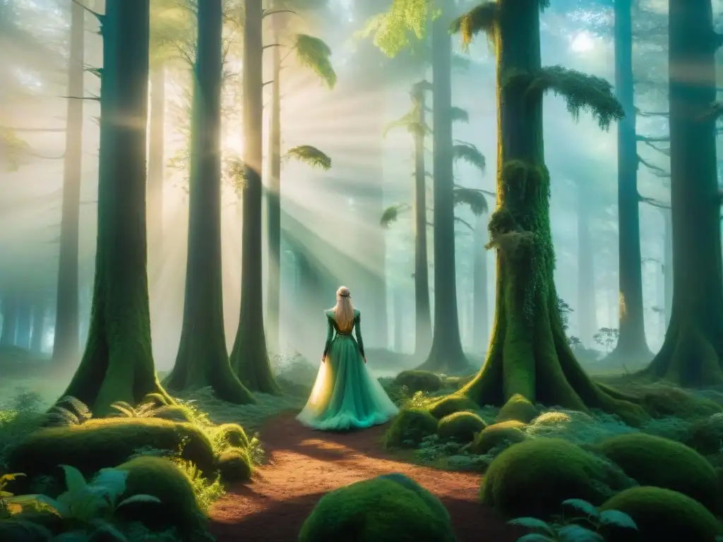 Guardianes élficos: bosque mágico al atardecer Un bosque mágico al atardecer con elfos místicos y una aura de sabiduría ancestral