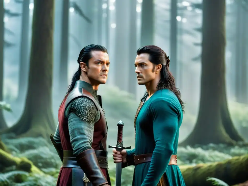 Adaptación Legend of the Seeker: Richard Cypher y Richard Rahl en un bosque mágico y un castillo sombrío, con espadas y energía