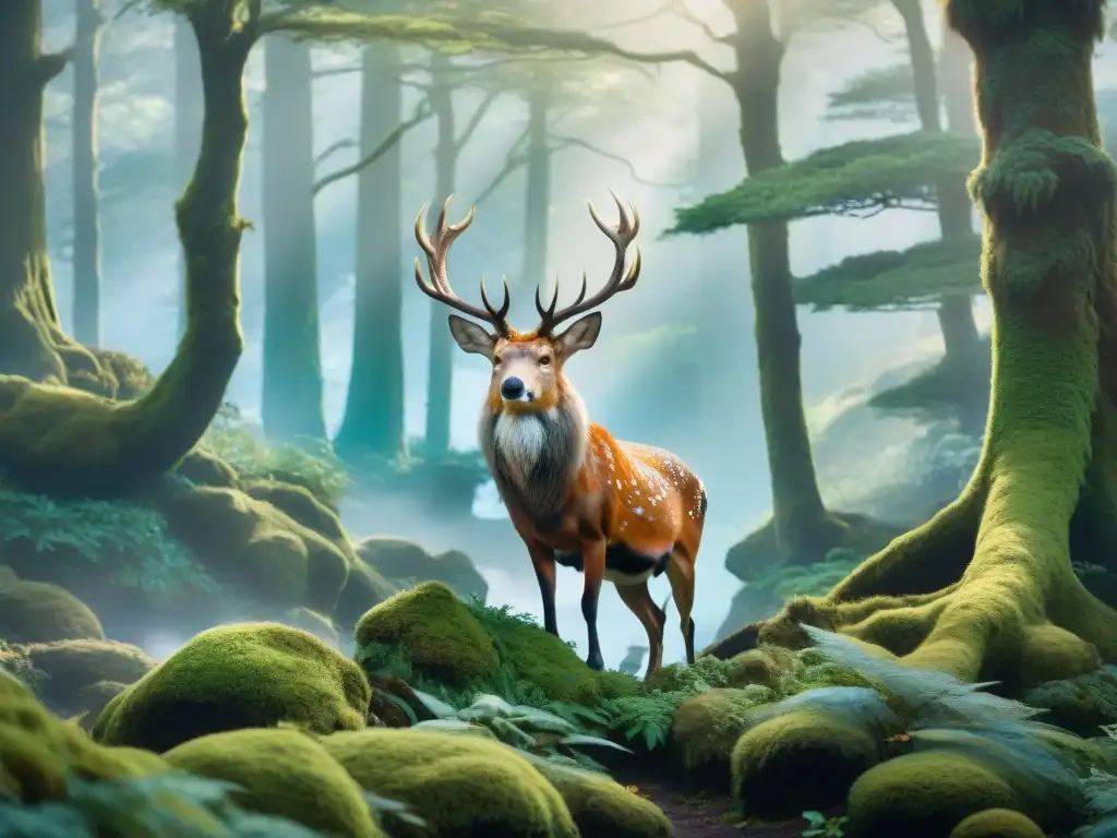 Entidad ancestral entre criaturas míticas: un bosque mágico en armonía Un bosque mágico donde criaturas de distintas culturas conviven en armonía, simbolizando la diversidad del universo
