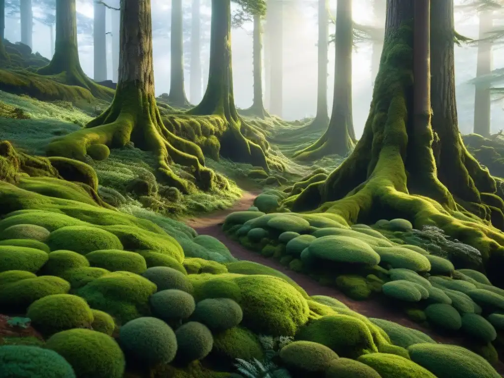 Un bosque majestuoso y antiguo con árboles cubiertos de musgo verde, iluminado por el sol, invita a explorar