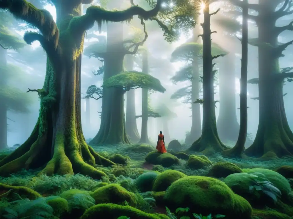 Un bosque majestuoso al anochecer, donde criaturas imaginarias en mundos ficticios Elfenos custodian la armonía entre naturaleza y magia