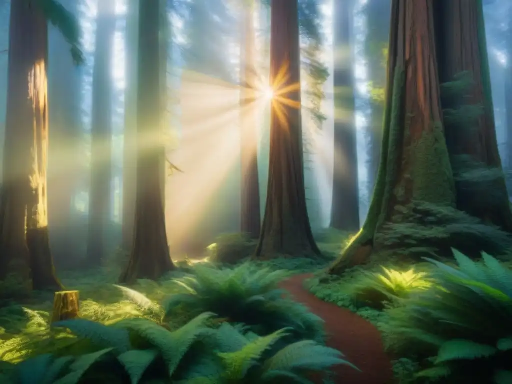 Un bosque majestuoso en la luz dorada del sol, evocando misterio y maravilla