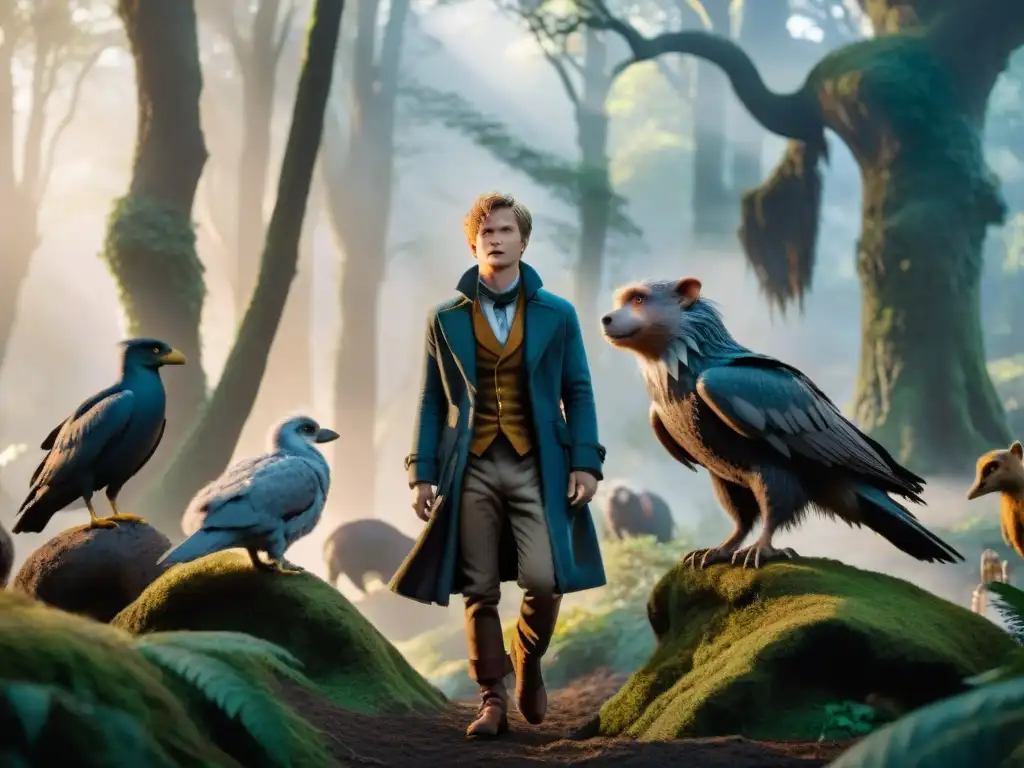 Un bosque misterioso con Newt Scamander rodeado de criaturas mágicas en Harry Potter bajo la luz de la luna