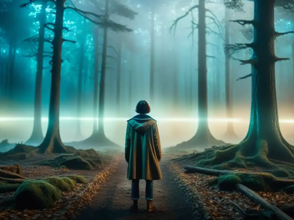 Un bosque misterioso y oscuro con portales brillantes, inspirado en el origen mitológico de mundos paralelos como en Stranger Things