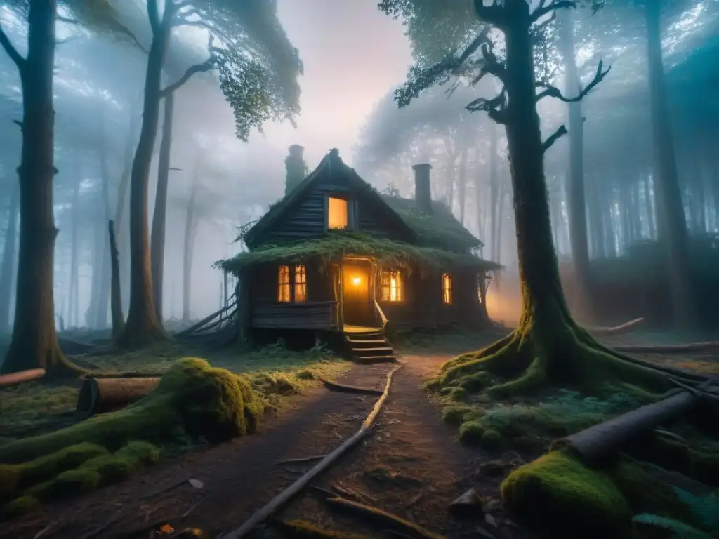 Bosque tenebroso: sendero hacia cabaña abandonada Un bosque misterioso y sombrío, con árboles retorcidos que se elevan como dedos esqueléticos hacia el cielo