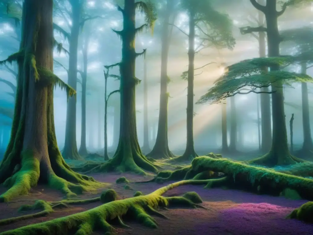 Un bosque místico al anochecer, donde espíritus etéreos flotan entre árboles antiguos y luciérnagas