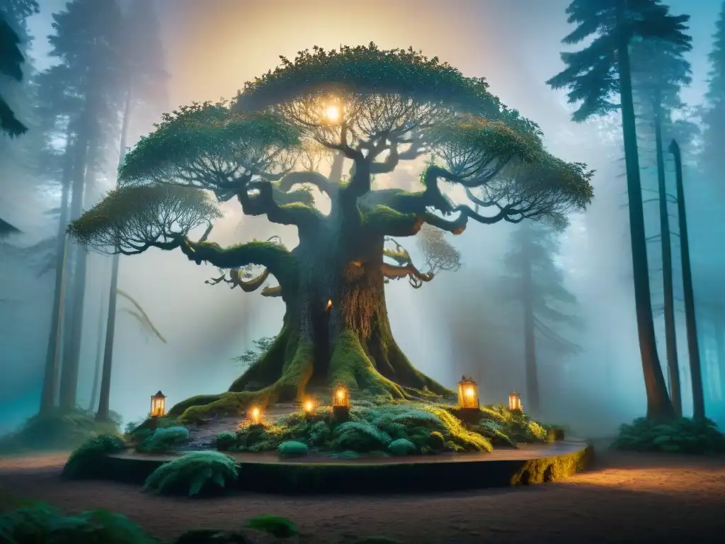 Bosque místico al anochecer con árboles antiguos y marcas etéreas, iluminado por la luna llena