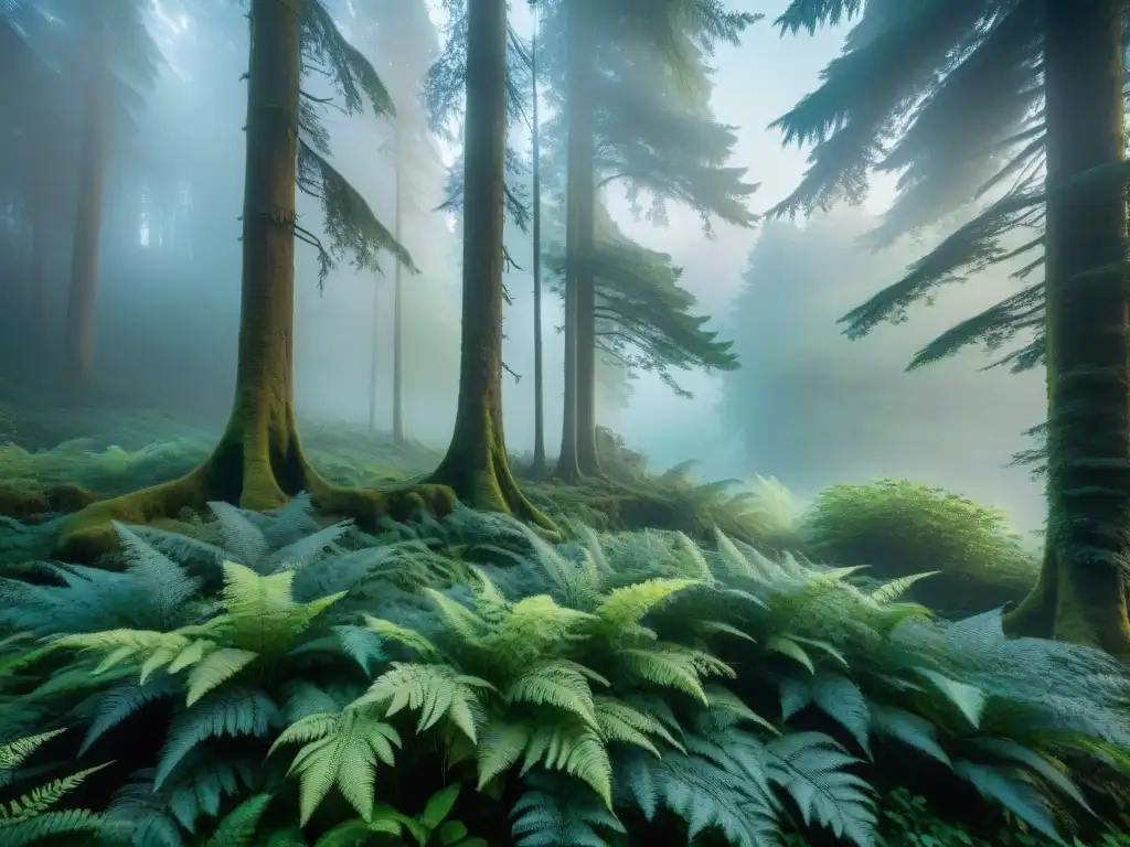 Un bosque místico al atardecer con árboles antiguos y un castillo lejano entre la niebla